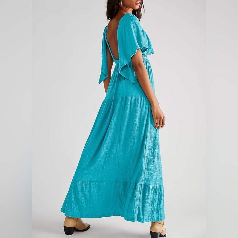 Turquoise Boho Maxi Dress | Flutter Sleeves Resort Vacation Dress | Size M